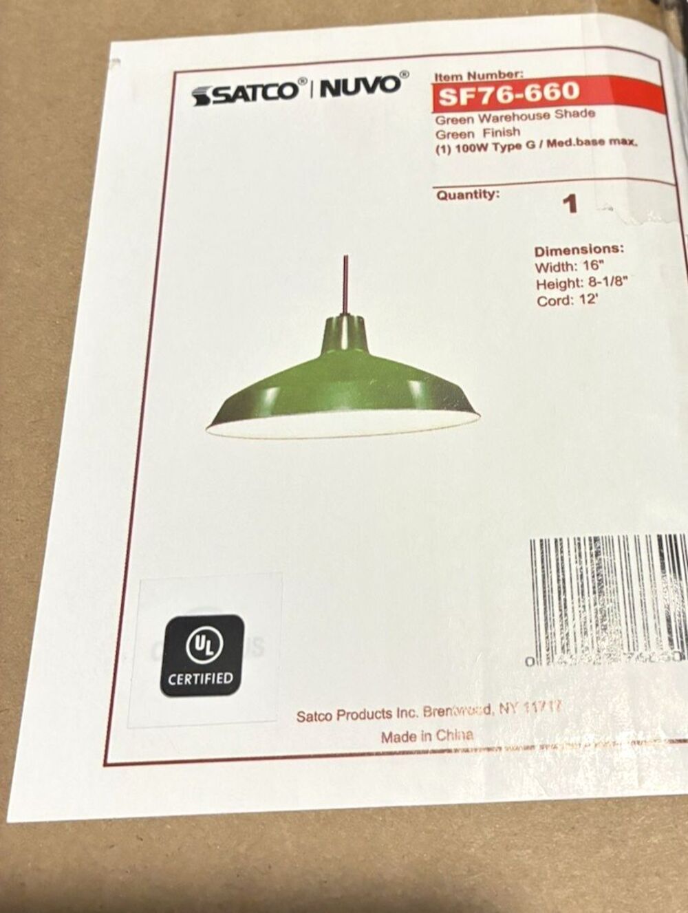 SATCO NUVO  Lighting 1 Light 16" Pendant - Warehouse Shade, Green - SF76-660